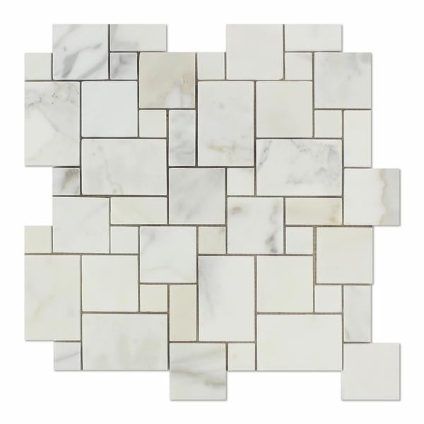 Flat view of Calacatta Gold Mini Versailles mosaic tile in polished finish