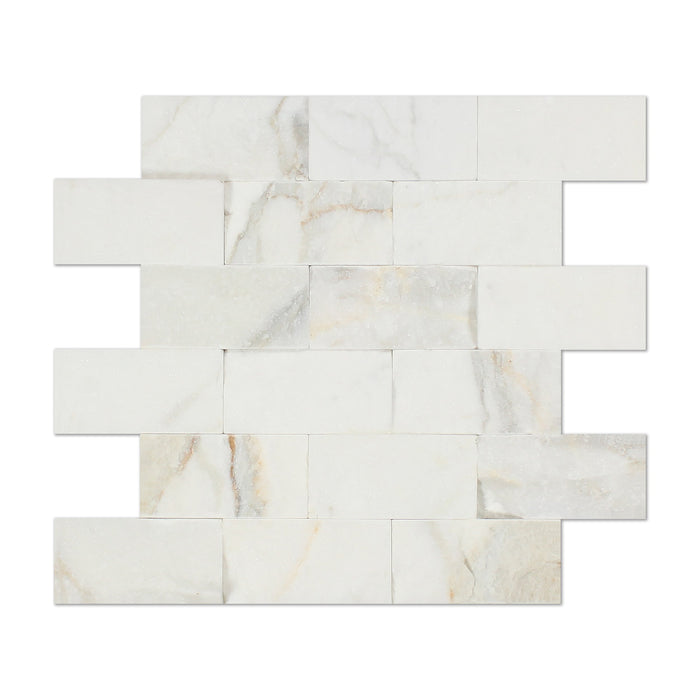 Flat view of Calacatta Gold 2"x4" Splitface Marble Mosaic on mesh sheet