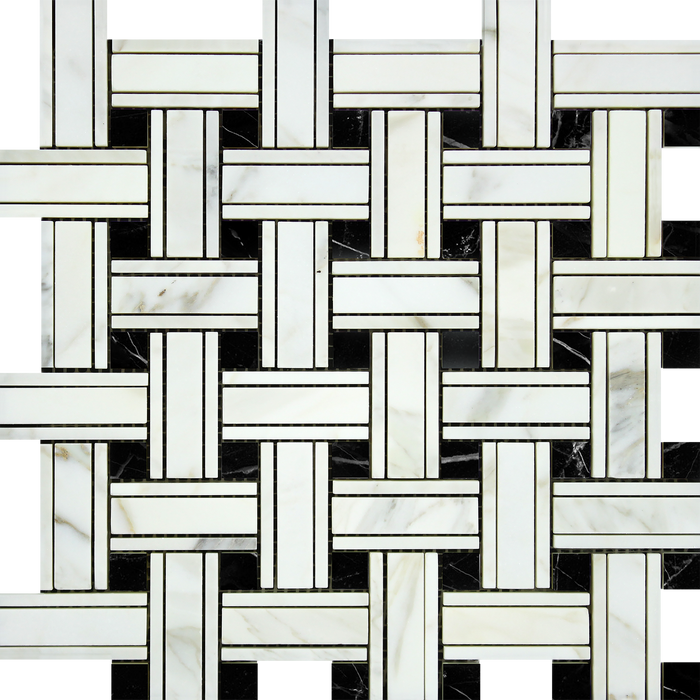 Flat view of Calacatta Gold Tripleweave Black Mosaic Tile in 12"x12" sheet with polished finish