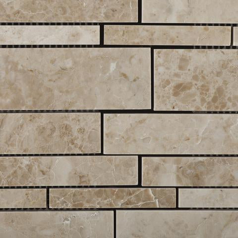 Close-up of Cappuccino marble strip mosaic showing natural variation