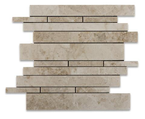 Flat view of Cappuccino random strip marble mosaic in polished finish, 12x12 sheet