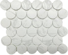 Flat view of Carrara 2-Inch Dot Mosaic with marble-look porcelain penny rounds on mesh sheet