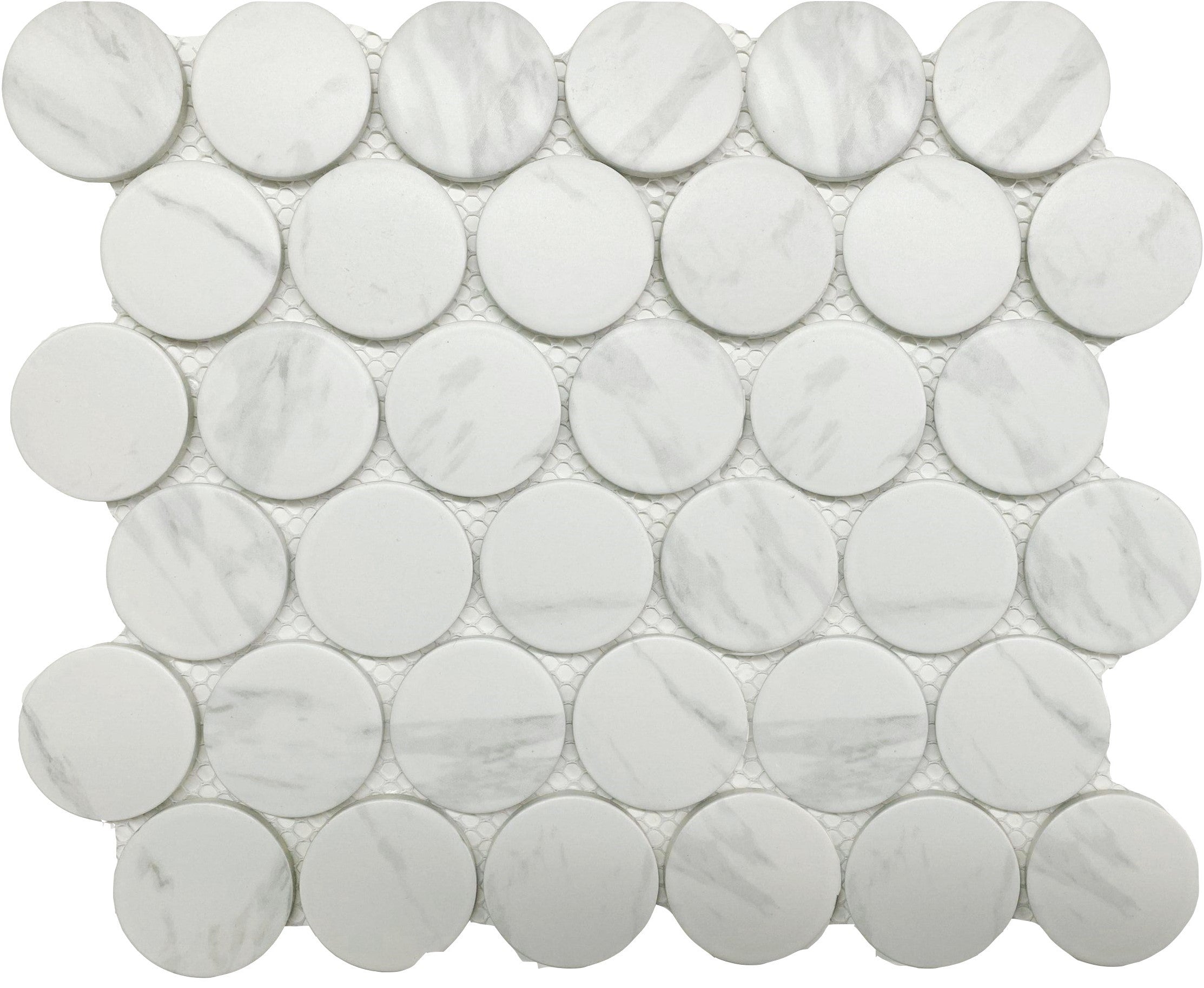 Flat view of Carrara 2-Inch Dot Mosaic with marble-look porcelain penny rounds on mesh sheet