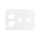 Flat lay of Carrara marble double toggle duplex switch plate with gray veining
