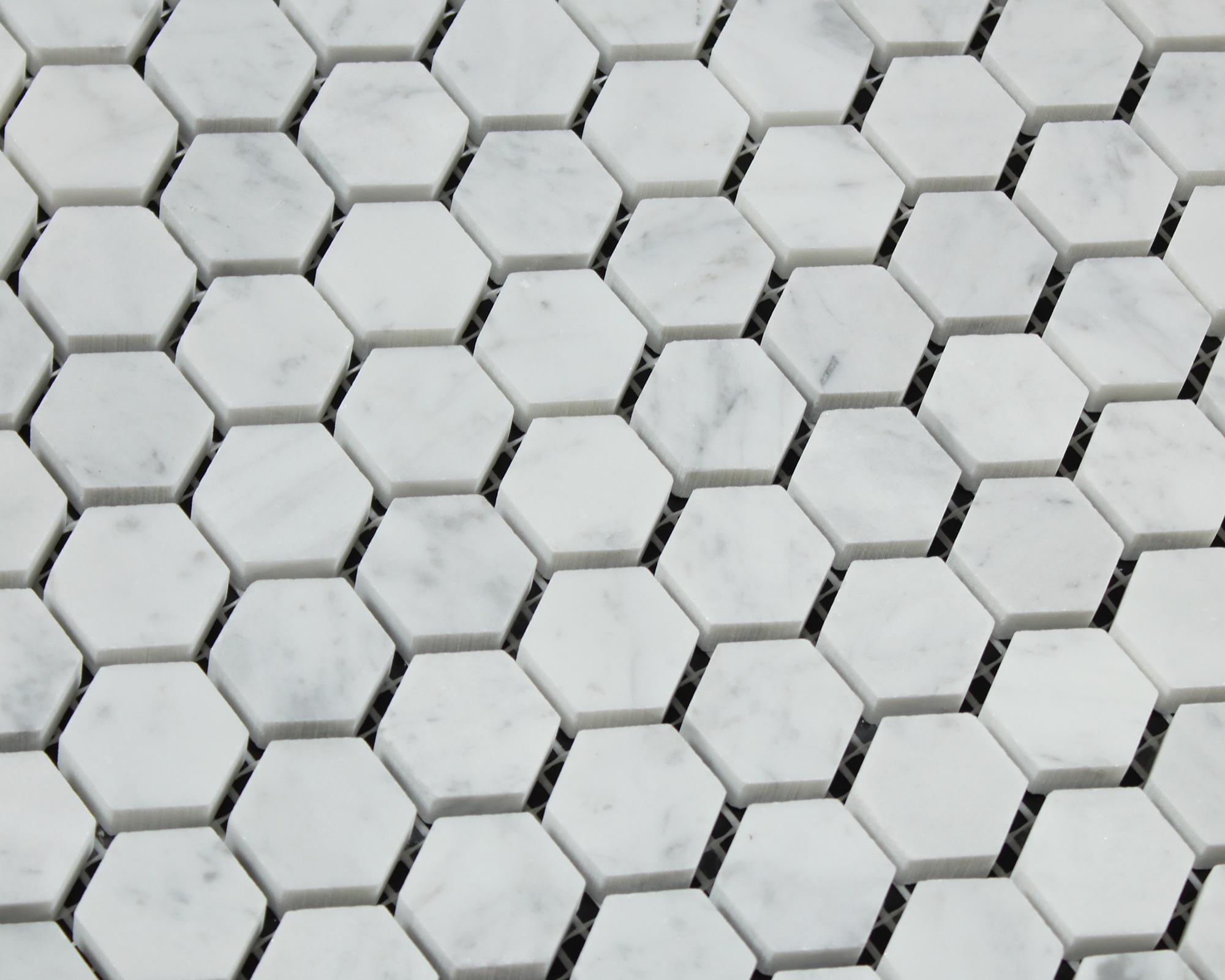 Flat view of Carrara White 1 Inch Hexagon Marble Mosaic Tile in polished finish, 12x12 sheet