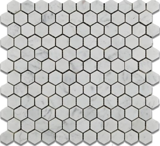 Flat view of Carrara White 1 Inch Hexagon Marble Mosaic Tile in polished finish, 12x12 sheet