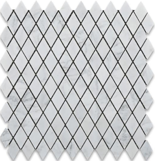 Flat view of Carrara White 1x2 Diamond Marble Mosaic Tile in polished finish, 12x12 sheet