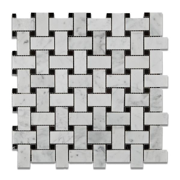 Flat view of Carrara White Basketweave Marble Mosaic in polished finish, 12x12 tile sheet