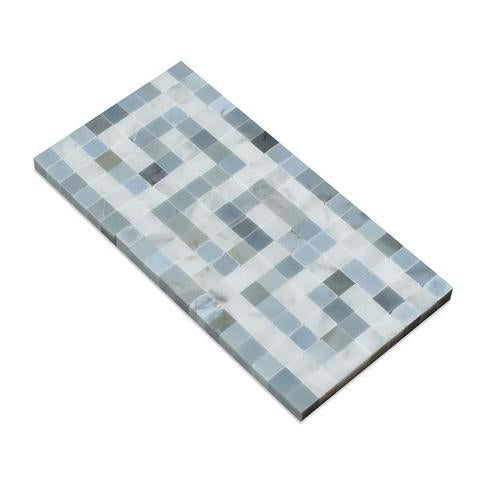 Flat view of Carrara White Greek Key Border with Blue Accent in polished 4x12 marble tile