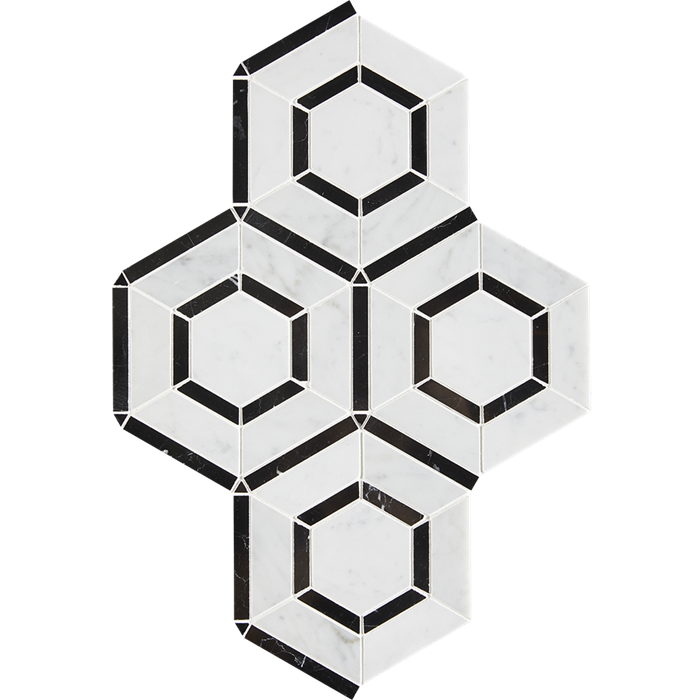 Flat view of Carrara White Hex Nero Marble Mosaic in polished finish, 1.4 sq ft sheet