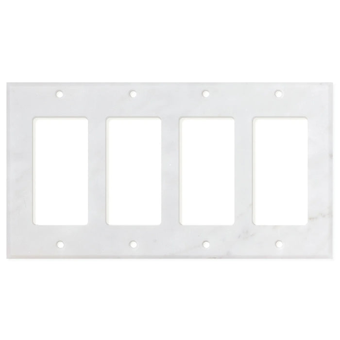 Flat view of Carrara White Marble Quadruple Rocker Switch Plate Cover, 4.5x8.25 in polished finish
