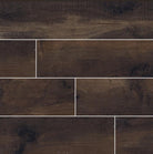 Flat lay of Country River Bark 8x48 wood-look tile with dark brown tones and natural grain pattern