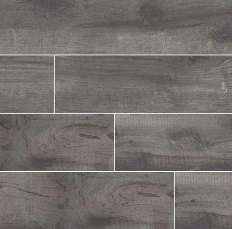 Flat lay of Country River Mist 8x48 wood-look porcelain tile with coastal gray driftwood finish