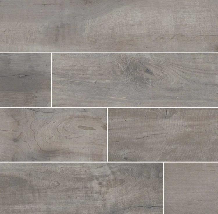 Flat view of Country River Stone 8x48 wood-look porcelain tile with matte finish and gray woodgrain