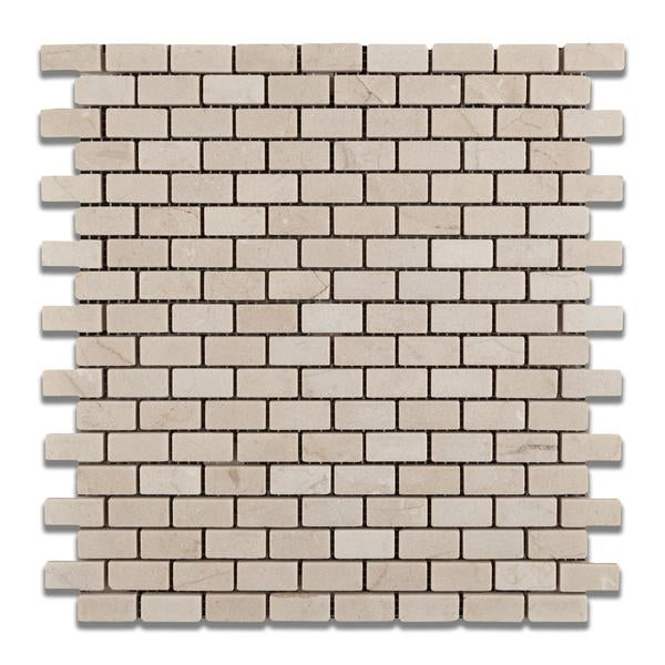 Crema Marfil Mini Brick Mosaic tile with tumbled finish on 12x12 sheet