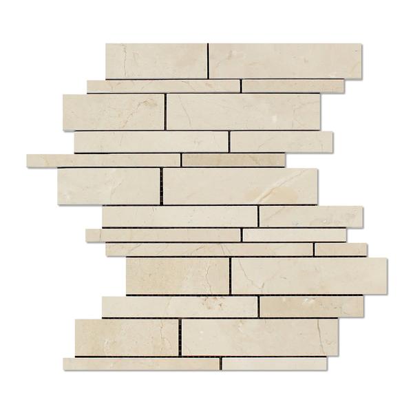 Crema Marfil Random Strip Mosaic in polished marble on 12x12 mesh sheet