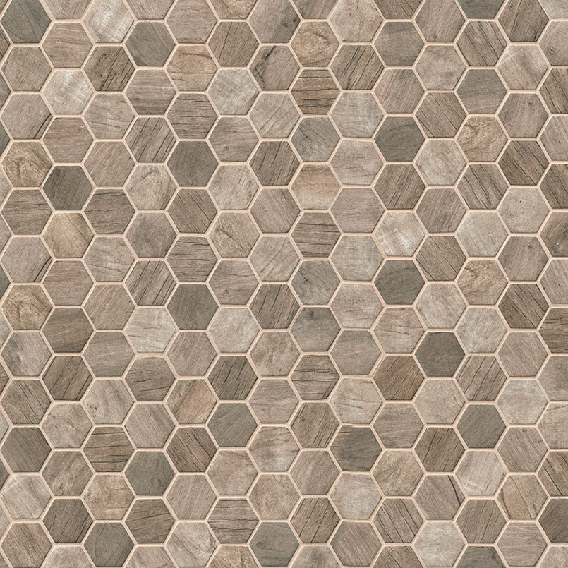 Close-up of Driftwood Mosaic showing 2-inch matte hex chips in wood-inspired directional veining