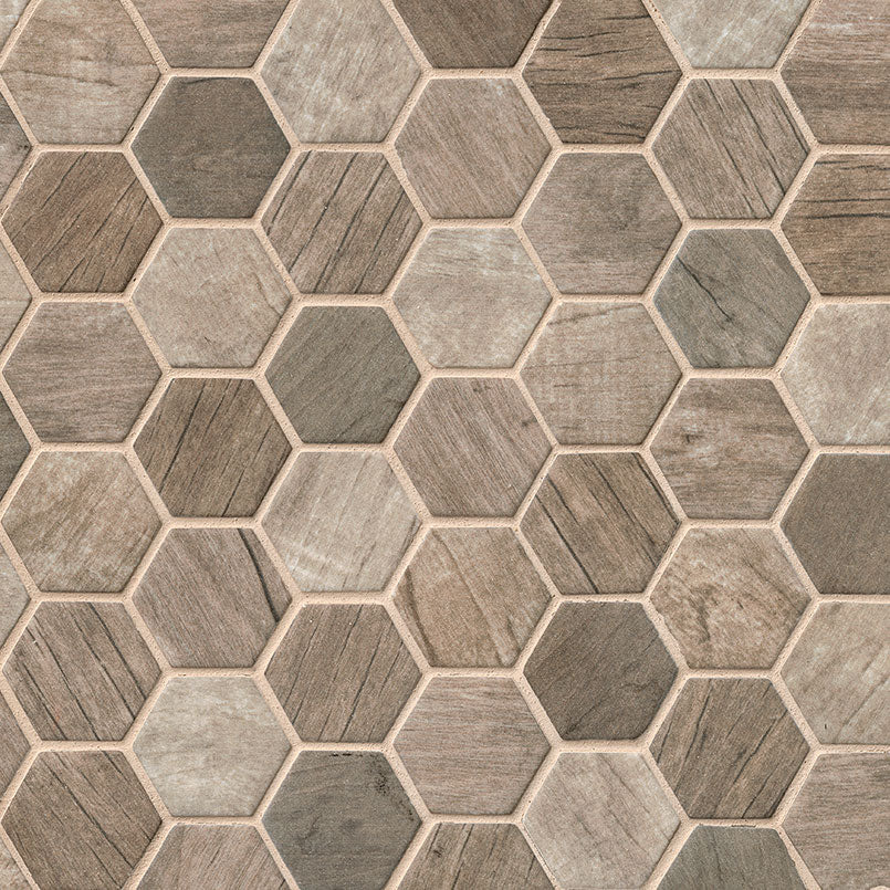 Flat view of Driftwood Hexagon Mosaic in recycled glass with warm greige and brown woodgrain tones
