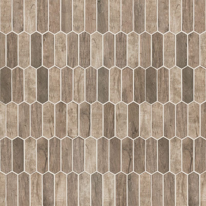 Close-up of Driftwood Picket Mosaic showing directional veining on matte recycled glass chips