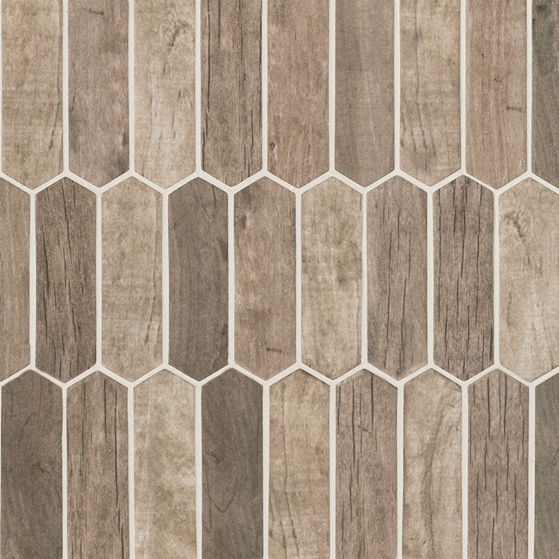 Flat view of Driftwood Picket Mosaic with wood-look veining in beige, brown, and cream recycled glass