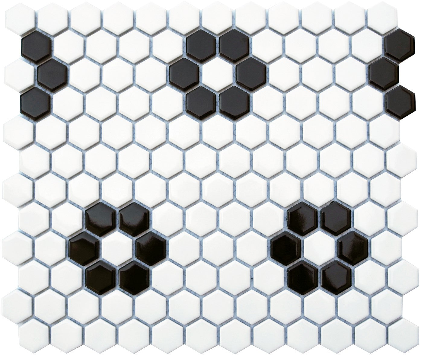 Flat view of Flower Black & White Hexagon Mosaic sheet with matte porcelain finish