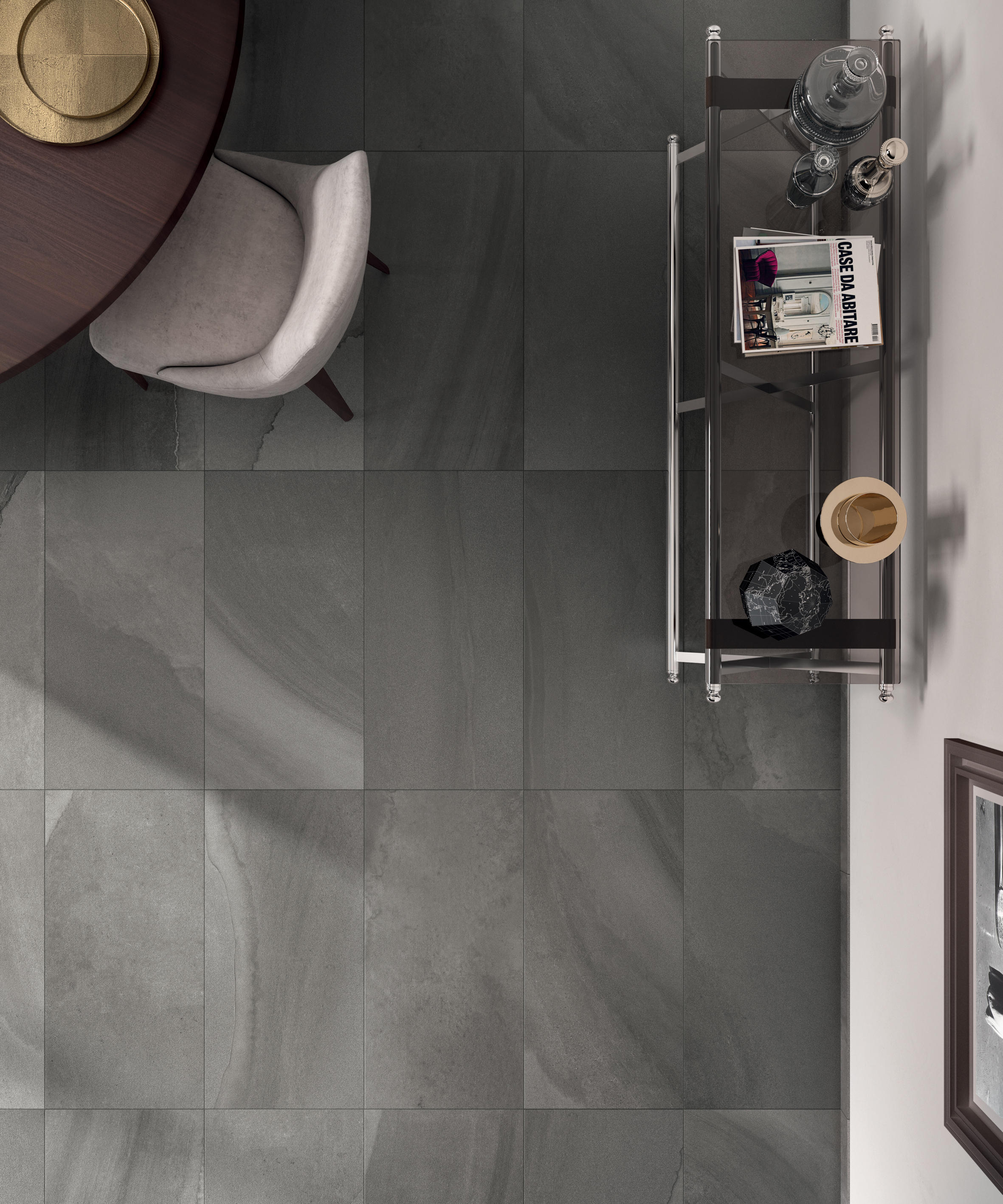 Flat lay of Fluido Ardesia porcelain tile with soft sandstone texture