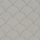 Flat view of Gray Scallop Porcelain Mosaic in warm glossy finish, fan-shaped tile on mesh sheet