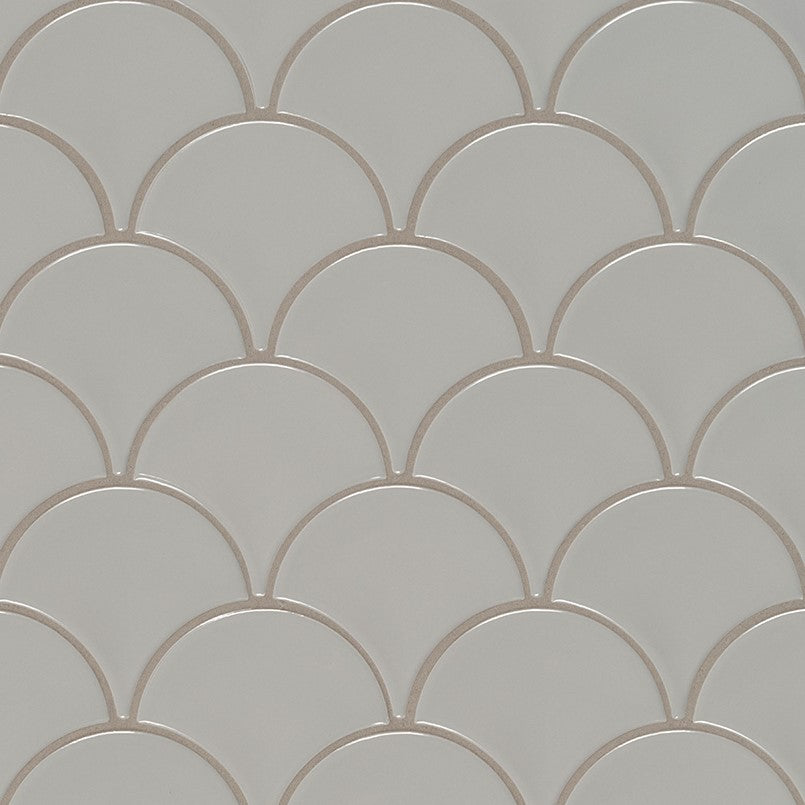 Flat view of Gray Scallop Porcelain Mosaic in warm glossy finish, fan-shaped tile on mesh sheet