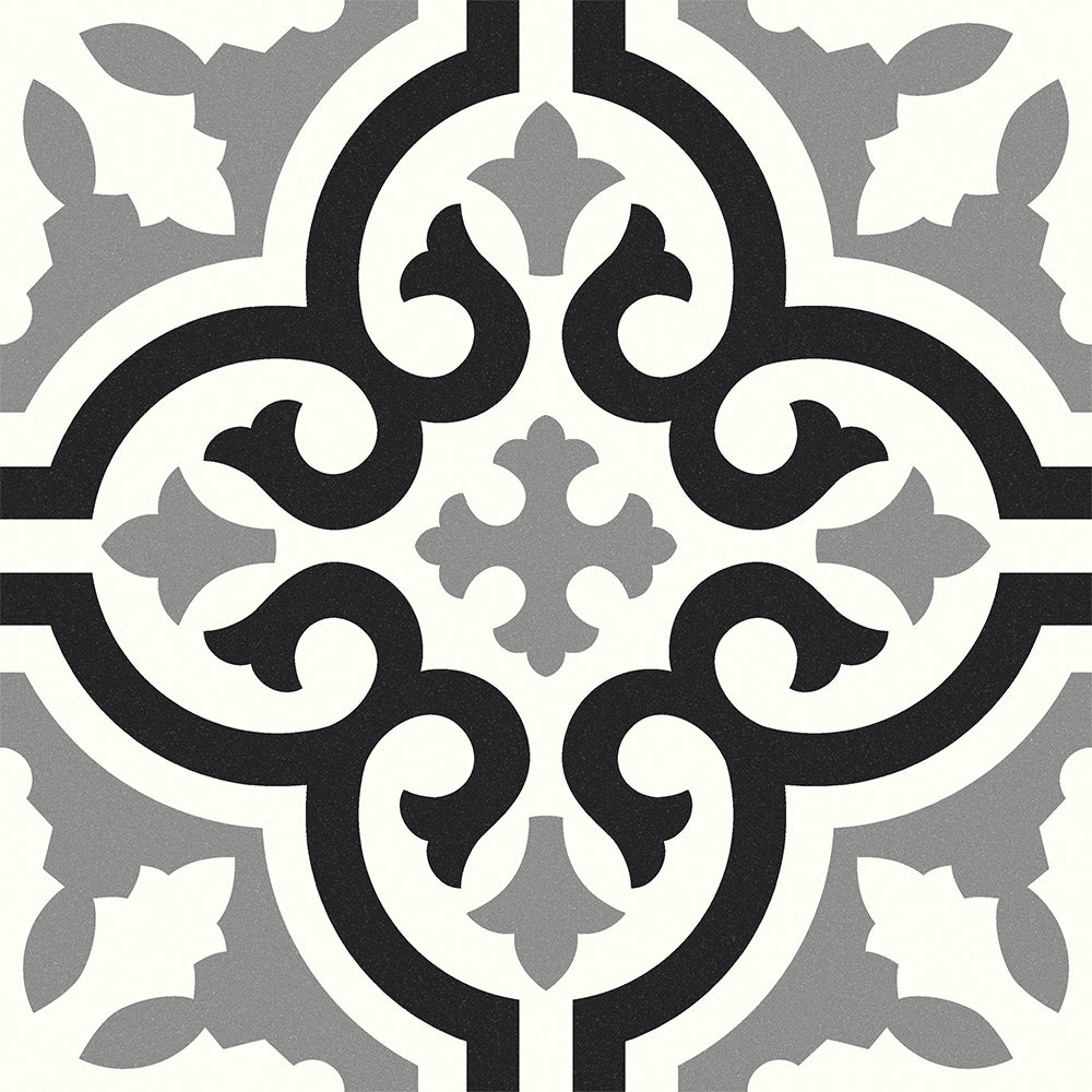 Flat lay of Havana Blues porcelain tile showing black and gray geometric print on white base