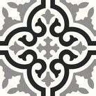 Flat lay of Havana Blues porcelain tile showing black and gray geometric print on white base