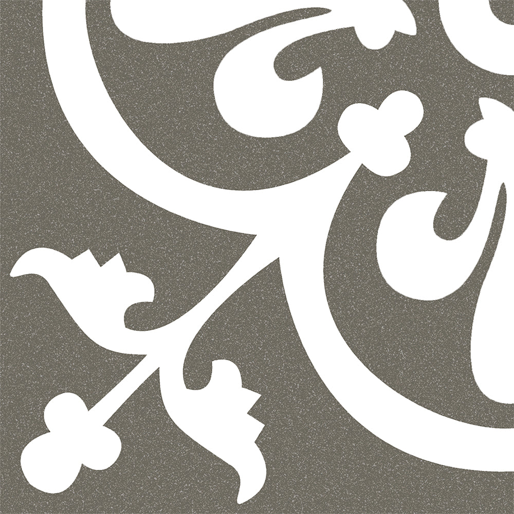 Flat lay of Havana Soul porcelain tile in green-gray with white retro pattern