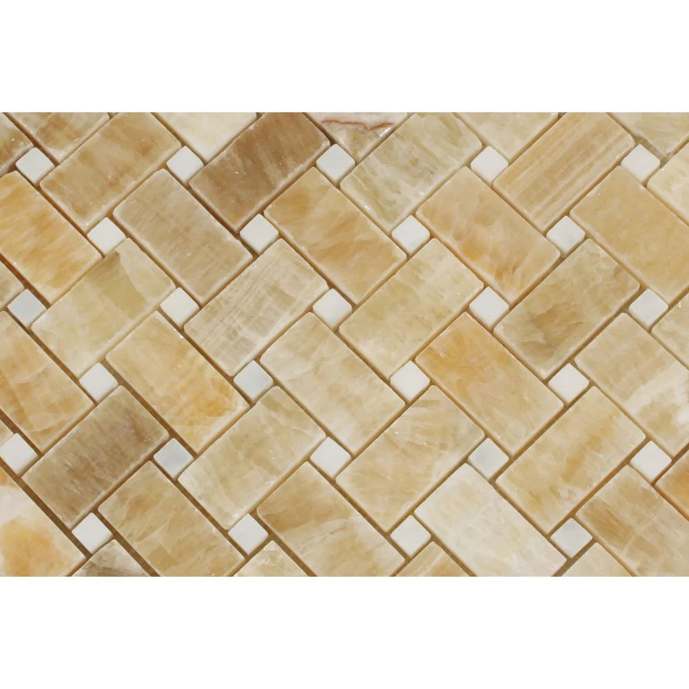 Close-up of polished Honey Onyx and white marble basketweave mosaic showing color contrast and veining