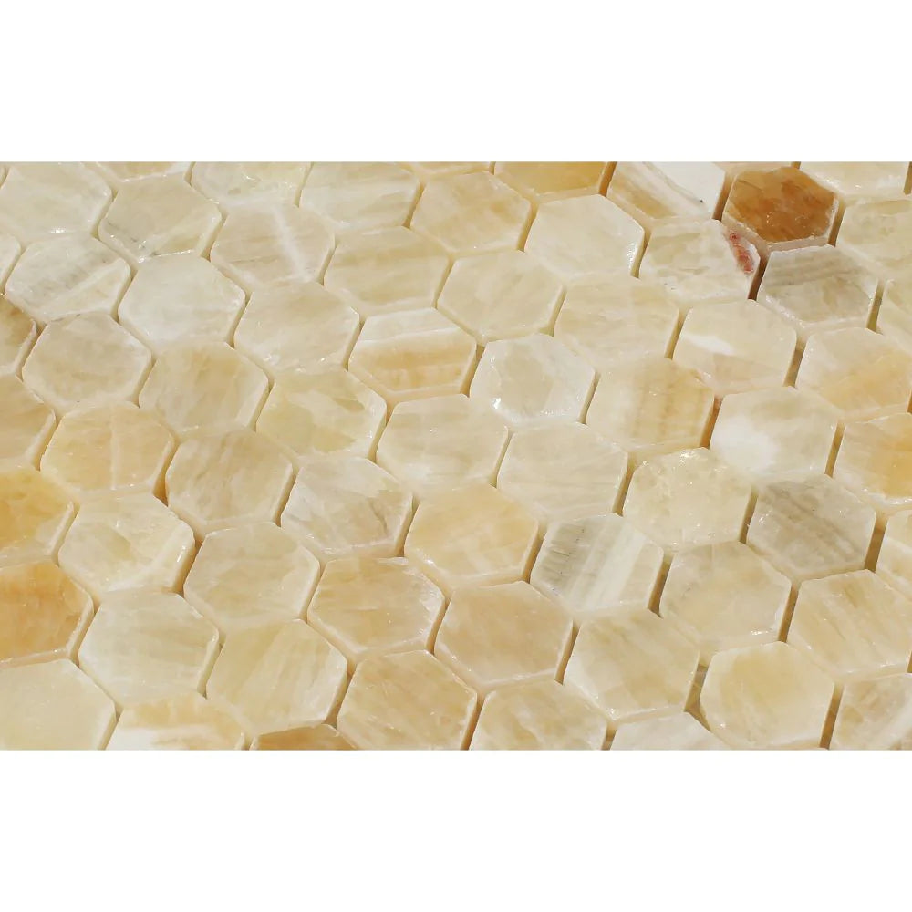 Close-up of Honey Onyx Hexagon Mosaic showing small tile geometry and warm veining