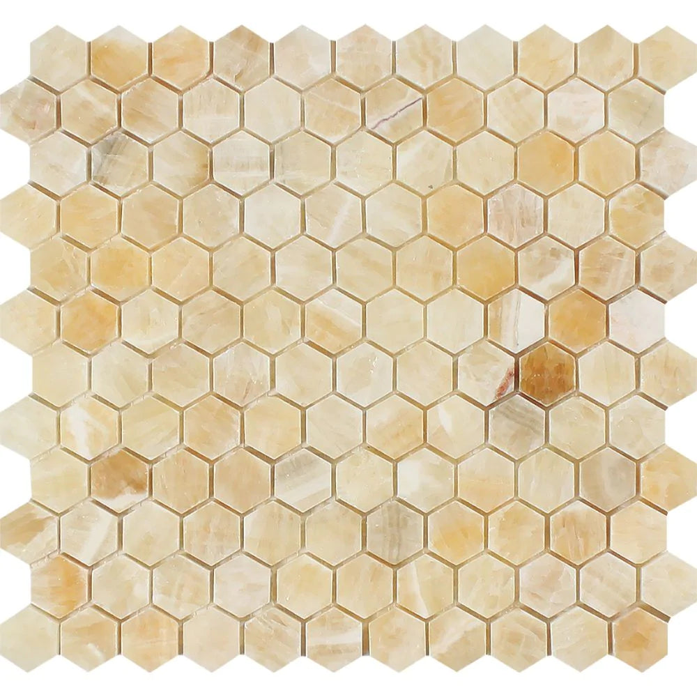 Flat view of Honey Onyx 1x1 Hexagon Mosaic Tile in polished finish, 12x12 sheet