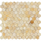 Flat view of Honey Onyx 1x1 Hexagon Mosaic Tile in polished finish, 12x12 sheet