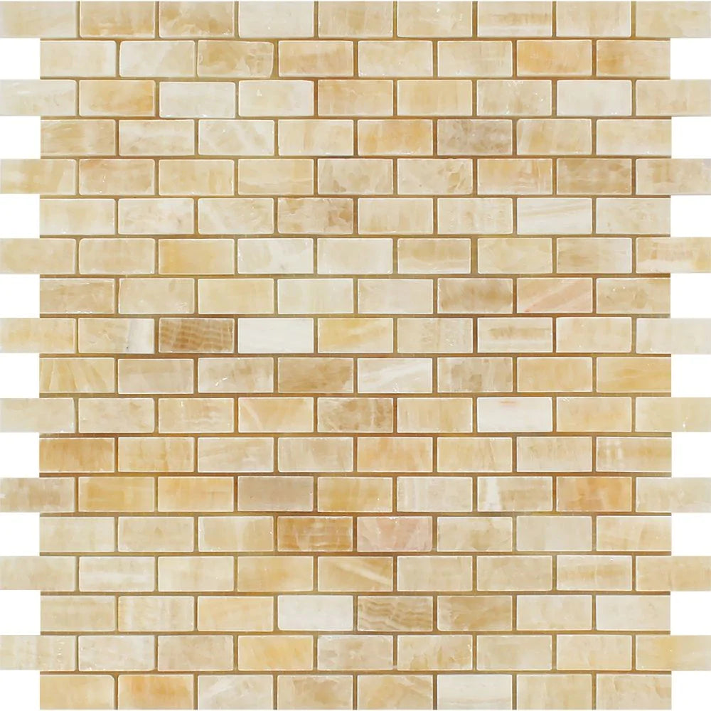Flat view of Honey Onyx Mini Brick Mosaic Tile in polished finish, 12x12 sheet