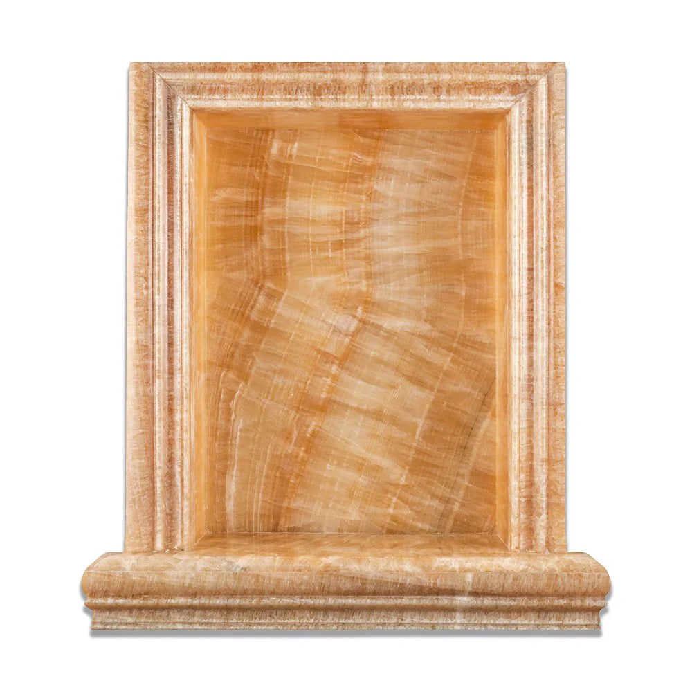 Flat view of Honey Onyx Shampoo Niche in polished finish with amber veining