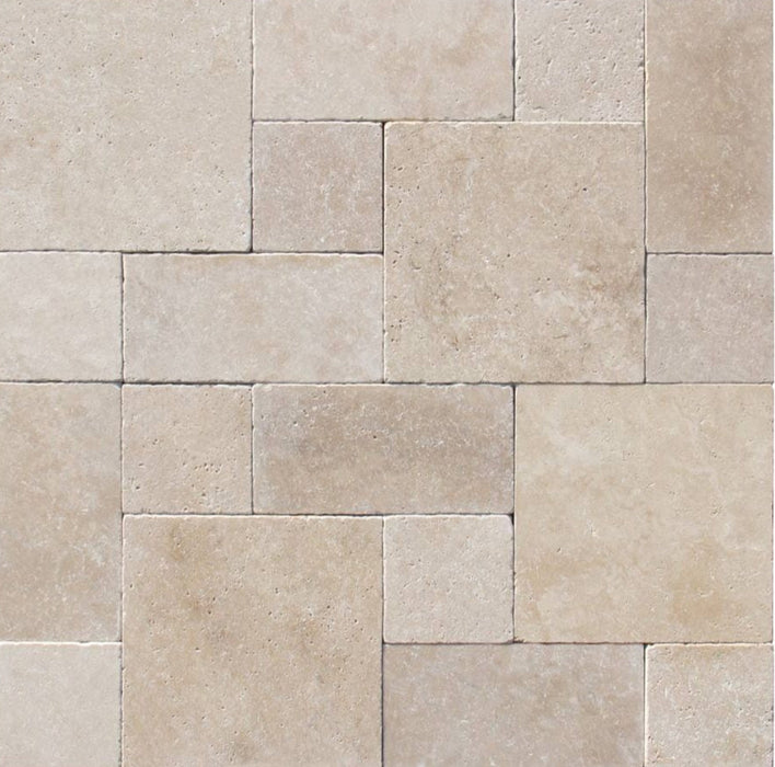 Ivory Travertine Pavers in Roman Pattern with tumbled finish