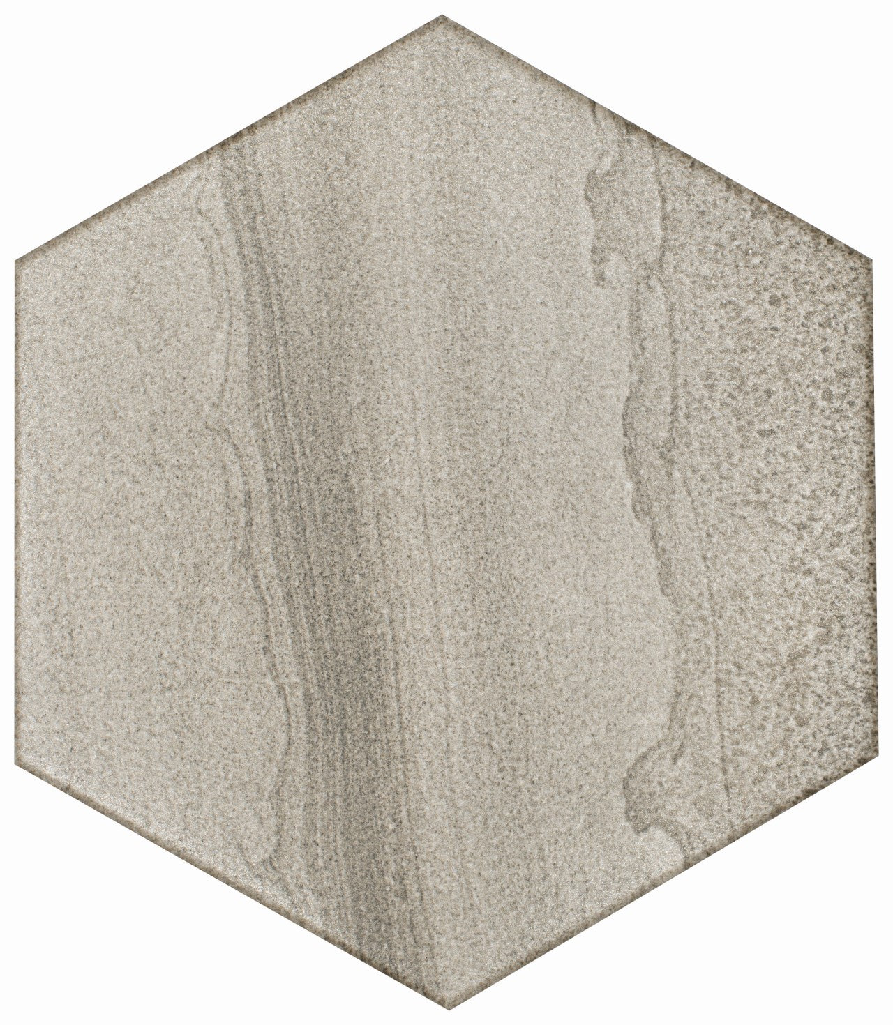 Flat view of Legend Glazed Porcelain Hexagon Tile in matte gray and white tones