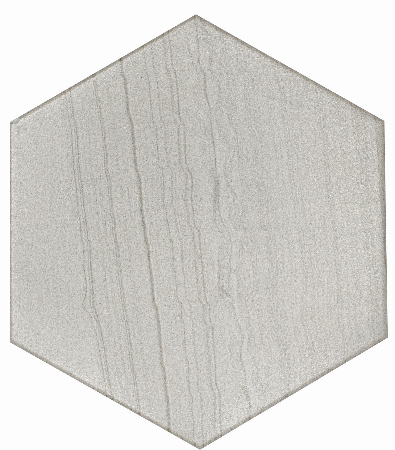Flat view of Legend Glazed Porcelain Hexagon Tile in matte gray and white tones