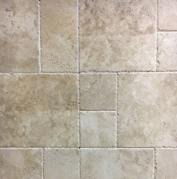 Flat layout of Light Walnut Travertine Versailles Pattern Set in brushed and chiseled finish