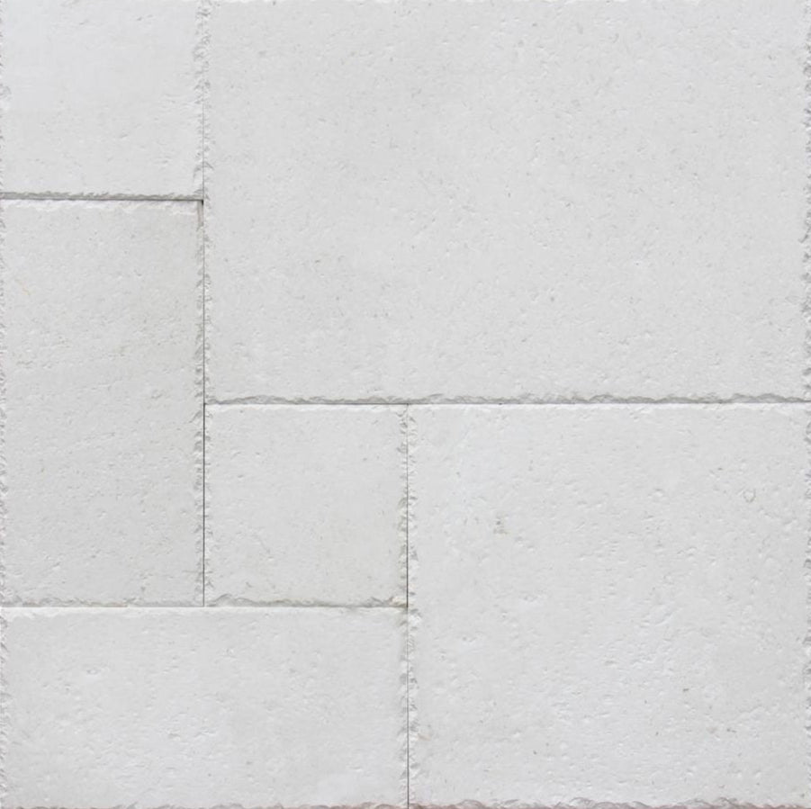 Flat view of Mayra Limestone Versailles Pattern with brushed finish and chiseled edges