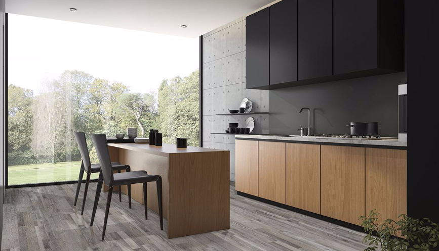 Close-up of Mezcla plank surface showcasing charcoal wood knots and textured matte finish