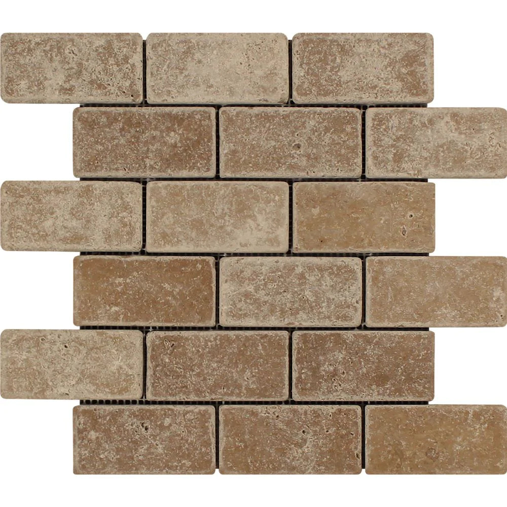 Noce Travertine 2x4 Tumbled Mosaic Sheet