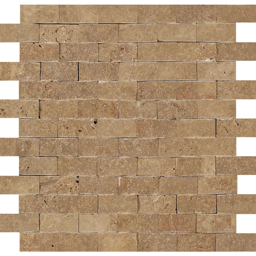 Flat view of Noche Travertine 1x2 Splitface Mosaic in dark brown and chocolate tones