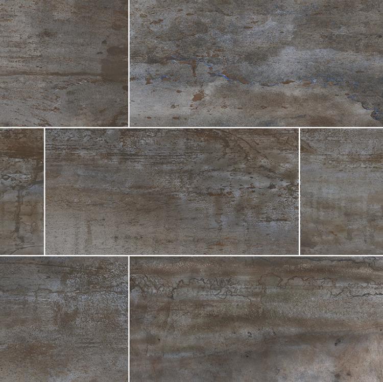 Flat lay of Oxide Iron porcelain tile showing warm gray and brown tones with metallic texture