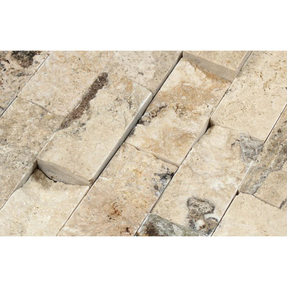 Rough texture of 2x4 Philadelphia split face travertine mosaic