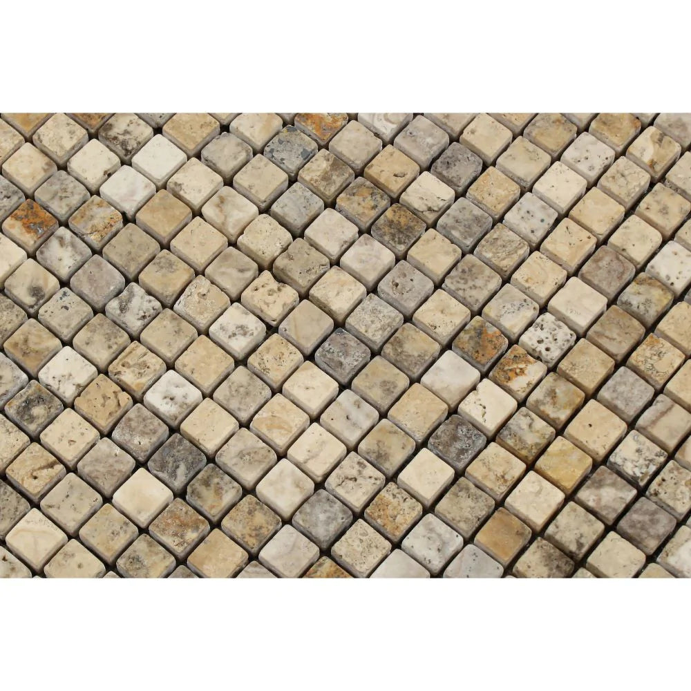 Textured finish of tumbled 5/8x5/8 Philadelphia Travertine mosaic