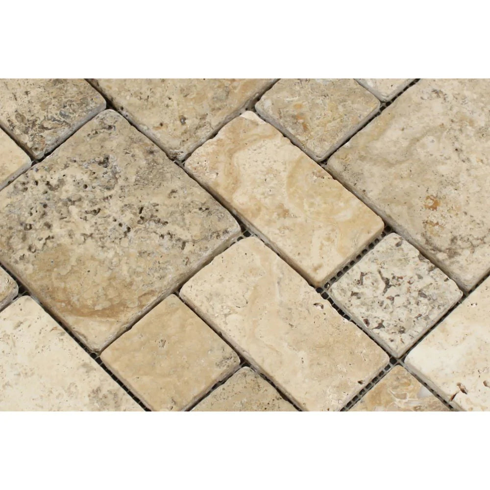 Close-up of tumbled mini pattern mosaic in Philadelphia travertine