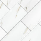 Close-up of Praia Bianca porcelain tile showing fine Carrara-style veining and glossy polish